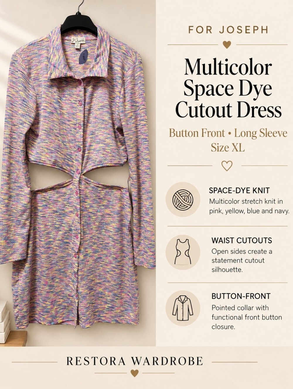 For Joseph Cutout Shirt Dress Y2K Space Dye Knit Multicolor NWT XL